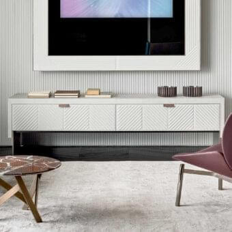 Exclusive Rugiano Iolanda Low sideboard crafted in light gray-white leather with rose-gold metallic hardware and embroidered detailing