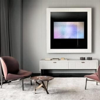 Distinguished Rugiano Iolanda Low sideboard with white smooth leather and geometric embroidery, built with a dark metal recessed base