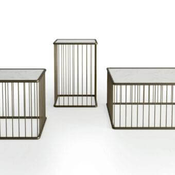 Bronze wireframe coffee tables, Rugiano Marina collection, square & rectangular shapes, with circular glass tops & dark borders.