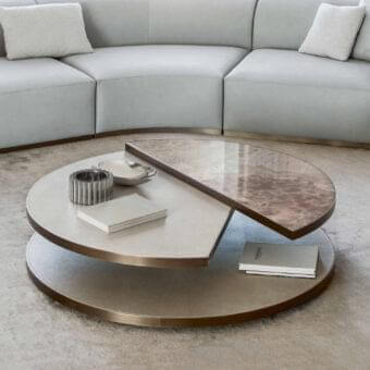 Distinguished Rugiano Moon coffee table with dual-level mottled gray and beige glass and brushed golden-toned metal base