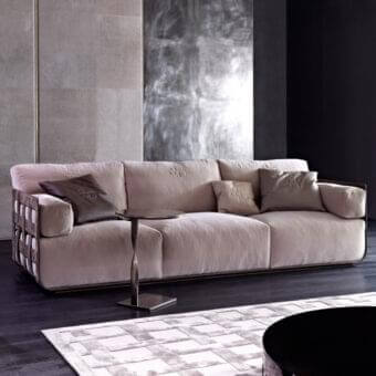 Exceptional Rugiano Braid sofa with pale rose woven fabric and darker rose braided accents crafted in Italy