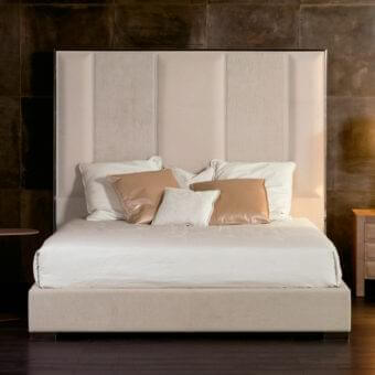 Distinguished Rugiano Stripe bed with smooth matte beige leather upholstery and satin-finish metal frame outlining padded panels