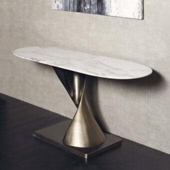 Distinguished Rugiano Zoe console with light marble tabletop and sculpted polished bronze hourglass base