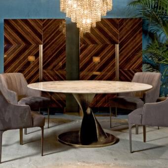 Exceptional Rugiano Zoe table with white marble tabletop and dark-toned wood composite pedestal built with satin sheen