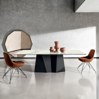 Exclusive Sovet Italia GranDeod table with tempered glass top displaying a white marble pattern and a dark matte lacquered metal base