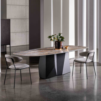 Exclusive Sovet Italia GranDeod table with swirling laminated ceramic and matte dark grey lacquered metal base