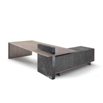 Exclusive 4 Mariani Cartesiano desk with black walnut grey stained particleboard and New Saint Laurent marble, built with concealed electrification