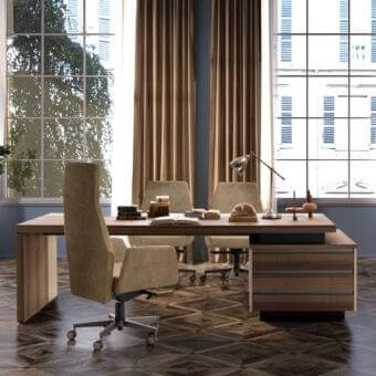 Distinguished 4 Mariani Kefa desk crafted with beechwood edges, a brown wood tabletop, and soft leather inlay with damped-close drawers