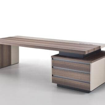 Exceptional 4 Mariani Kefa desk with wood tabletop, soft leather inlay, and cabinet built with matching wood drawer fronts