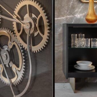 Distinguished Reflex Big Ben sideboard with etched lacquered glass and working metal gears in satin brass legs