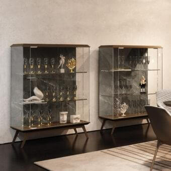 Exceptional Reflex London cupboard crafted with bevelled wood, transparent glass, and a satin dark brown finish