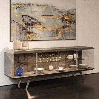 Distinguished Reflex London sideboard with bevelled wood, Marble Glass, and stylish metalwork in a dark gray glossy finish