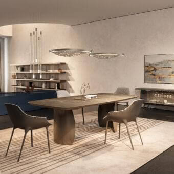 Distinguished Reflex London sideboard with muted gray finish, metal feet and marble glass within a transparent glass cabinet