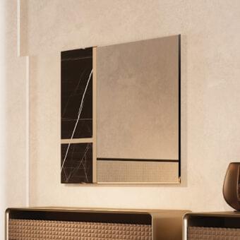 Exquisite Reflex Mondrian mirror with extra clear glass, bevelled edges and bronze lacquer with Marble Glass inlays