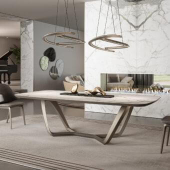 Refined Reflex Segno bevel wood table with marble glass top and brushed satin titanium metal base