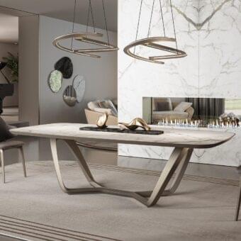Exceptional Reflex Segno table with marble glass top and satin bronze metal V-shaped support construction