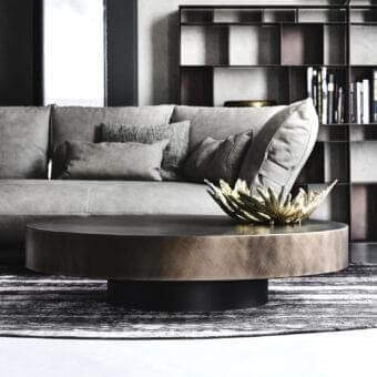 Sophisticated Cattelan Italia Arena coffee table with brushed bronze lacquered steel top and black embossed lacquered steel base exhibiting a matte finish