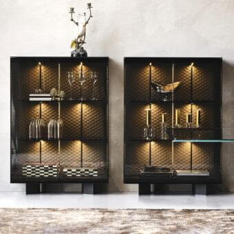 Distinguished Cattelan Italia Boutique Alta cupboard with black embossed steel, smoke glass doors and quilted soft leather interior