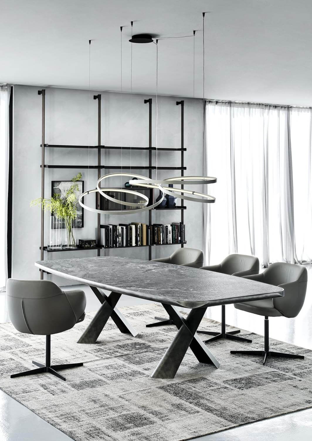 Innovative Cattelan Italia Heaven suspension lamp with interconnected silver-toned rings crafted in titanium embossed lacquered material