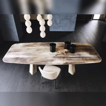 Exceptional Cattelan Italia Mad Max table with warm brown wood grain printing on extra clear bevelled glass and sculpted matte bases