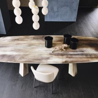 Superior Cattelan Italia Mad Max table with warm-toned wood finish and graphite embossed lacquered steel base crafted in extra clear bevelled glass