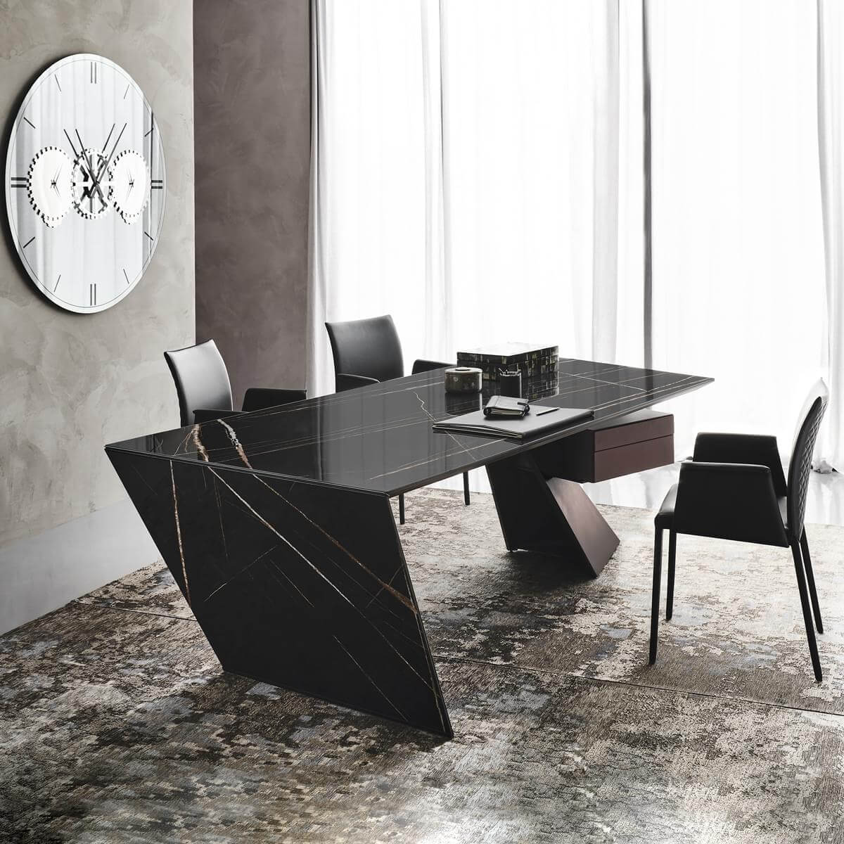 Distinguished Cattelan Italia Nasdaq desk with marmi ceramic tabletop exhibiting gold veining and glossy black lacquered steel support