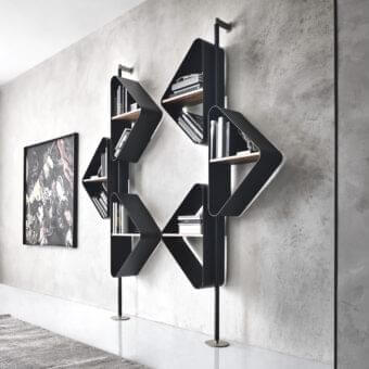 Innovative Cattelan Italia Spinnaker bookcase with black embossed lacquered steel and Noce Canaletto wood shelving in matte dark gray finish