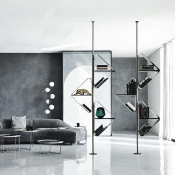 Distinguished Cattelan Italia Spinnaker bookcase with titanium embossed steel framework and Elm open pore black wood shelves