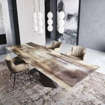 Distinguished Cattelan Italia Tyron CrystalArt table with artistic decorative printing on extra-clear glass and embossed lacquered steel base