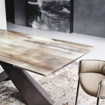 Exceptional Cattelan Italia Tyron CrystalArt table with extra-clear glass and earthy decorative printing, built with embossed matte brown lacquered steel base