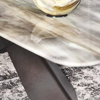 Exceptional Cattelan Italia Tyron table with titanium embossed steel and extra-clear bevelled glass, showcasing CrystalArt decorative printing with a glossy finish