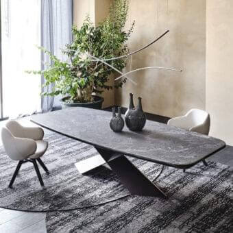 Superior Cattelan Italia Tyron table with dark gray marbled ceramic tabletop in glossy Sahara Noir finish and black embossed lacquered steel base