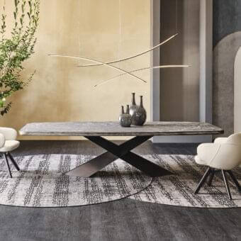 Elegant Cattelan Italia Tyron table with gray marmi ceramic top in Ardesia finish and graphite embossed lacquered steel base