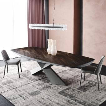 Distinguished Cattelan Italia Tyron table with sculptural ‘X’ base in embossed black lacquered steel and matte Canaletto walnut tabletop