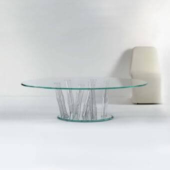 Exceptional Reflex Bamboo coffee table with clear glass top and converging transparent Murano glass tubes