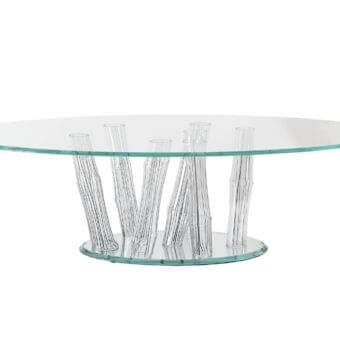 Elegant Reflex Bamboo coffee table with transparent Murano glass tubes and extra-clear glass top crafted in Italy with glossy surfaces