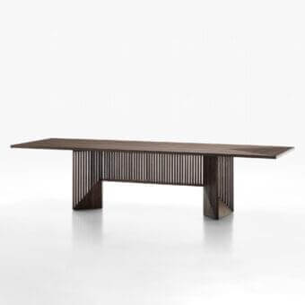 Exceptional Acerbis Maestro table crafted with dark stained walnut veneer and a distinctive slatted solid walnut base