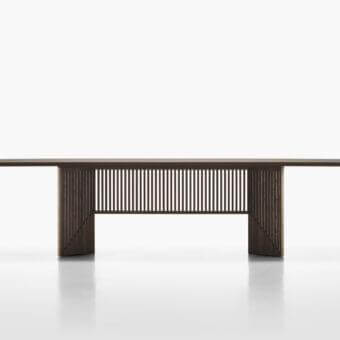 Distinguished Acerbis Maestro table with a slatted base crafted in dark stained walnut and medium density wood fibre tabletop with brushed veneer