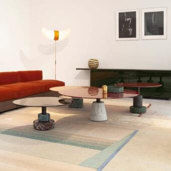 Distinguished Acerbis Menhir coffee table with taupe glossy lacquered wood top and Alpi green marble base in black matte epoxy powder coating