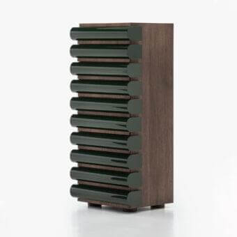 Distinguished Acerbis Storet dresser crafted from medium density wood fibre with dark green lacquered drawer mouldings and dark stained walnut finish