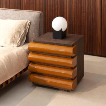 Sophisticated Acerbis Storet nightstand crafted from medium density wood fibre with dark stained walnut and glossy amber lacquered drawers