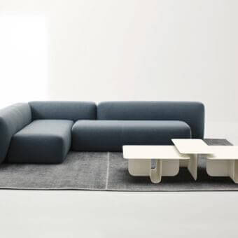 Innovative LaCividina U coffee table with bent aluminum base and crisp matte white square tabletop