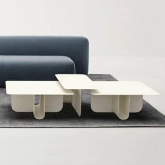 Distinguished LaCividina U coffee table crafted with bent aluminum and matte off-white tabletop exhibiting clean, subtly curved elements