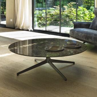 Elegant Verzelloni Antero coffee table with Black Marquina marble top and bronze lacquered aluminum base