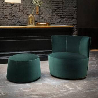 Distinguished Verzelloni Emily lounge chair with dark green textile upholstery and rounded metal, wood, plywood construction