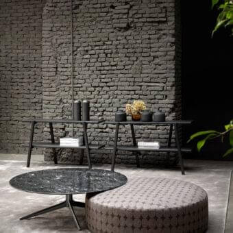 Exceptional Verzelloni Planet ottoman cloaked in textured fabric with a concentric circle pattern for modern living spaces