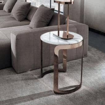 Exceptional DV Home Collection Coco side table crafted with Calacatta Royal marble and glossy rose gold toned steel base