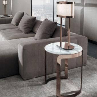 Elegant DV Home Collection Coco side table with Nero Marquinia marble and glossy copper-toned steel base