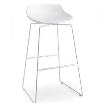 White flow stool by MDF Italia, molded plastic seat, white powder-coated metal frame, angled legs, rectangular footrest, minimalist design.