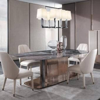 Superior DV Home Collection Windsor table with dark gray marble tabletop and ribbed copper finished stainless steel base